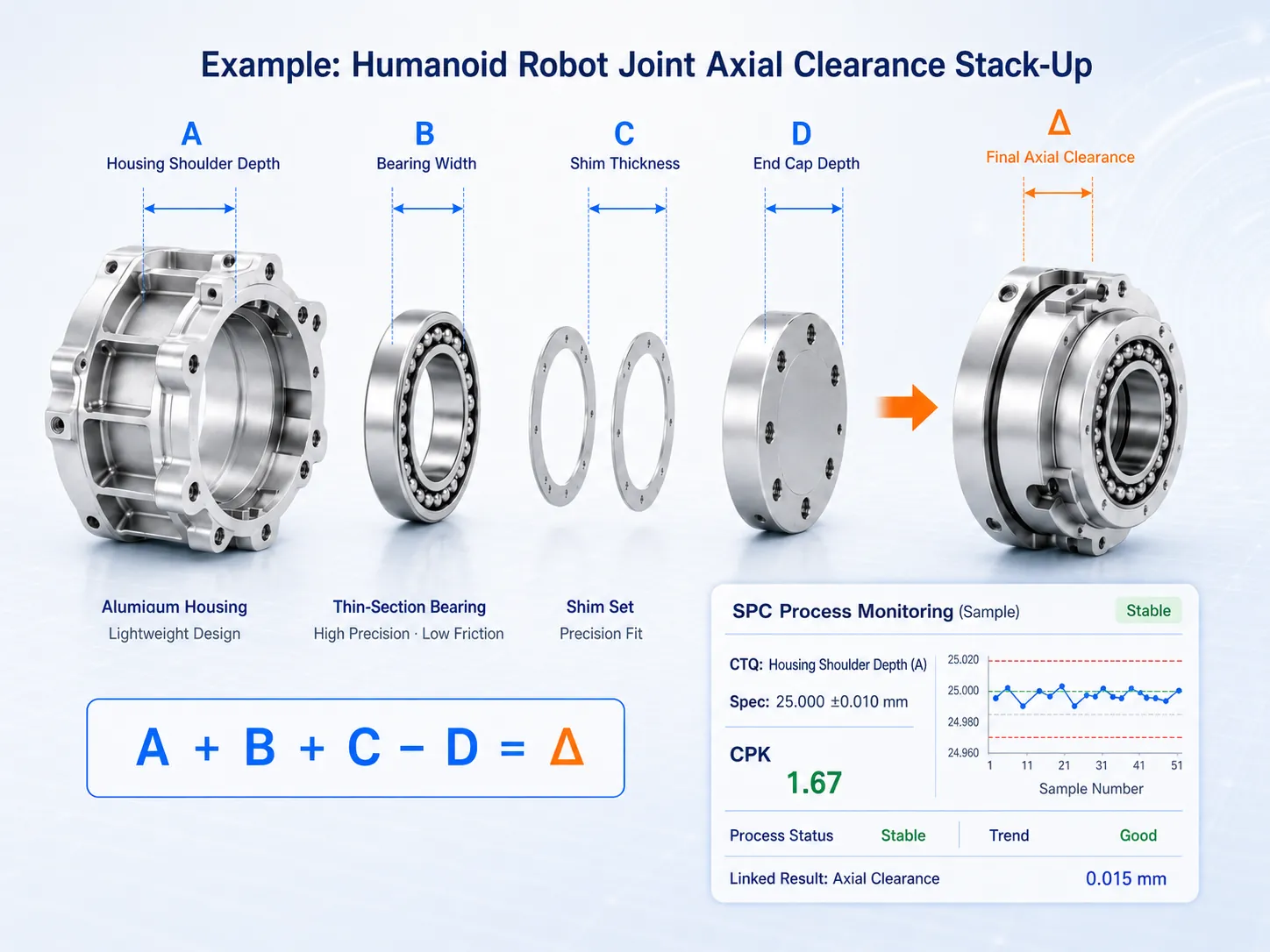 Humanoid robot joint axial clearance stack-up and SPC monitoring illustration